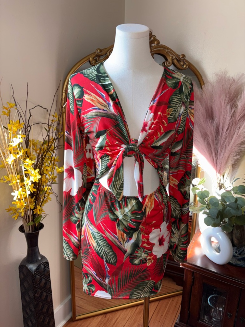 Missguided Red Tropical Tie-Front Mini Dress NWOT